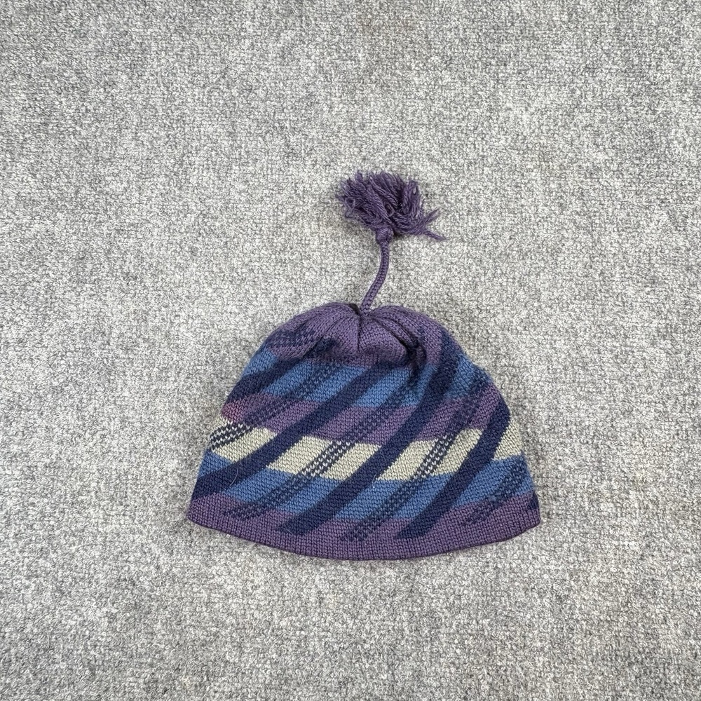 Vintage 80s Capello Wool Knit Tassel Hat Purple Blue‎ Geometric Canada Boho Ski